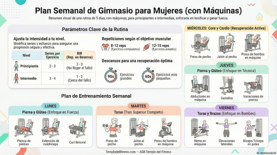 Plan semanal de gimnasio para mujeres con máquinas: lunes a viernes